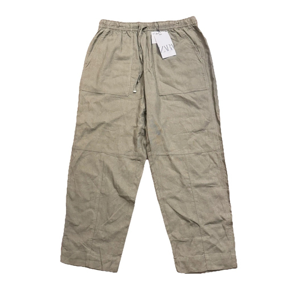 NWT Zara Linen Blend Cargo Pants Size:L Pockets Pull On women Olive Lightweight